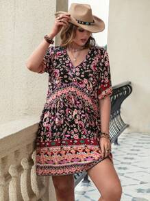 Rusttydustty Plus 1pc Paisley & Floral Print Puff Sleeve Smock Dress - Multicolor - View 5