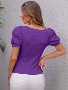 SHEIN Privé Sweetheart Neck Puff Sleeve Tee - Violet Purple - View 2
