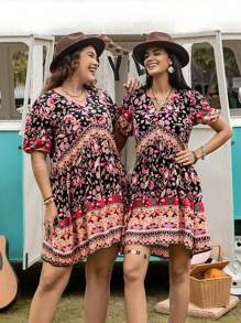 Rusttydustty Plus 1pc Paisley & Floral Print Puff Sleeve Smock Dress - Multicolor - View 7