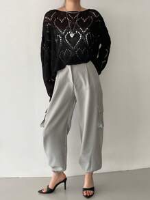 DAZY Jersey Tejido Sólido Con Hombros Caídos Y Abertura En La Parte Delantera - Negro - Ver 5