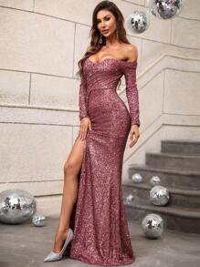 Off Shoulder Draped Side Slit Thigh Sequin Formal Dress - Redwood - View 5