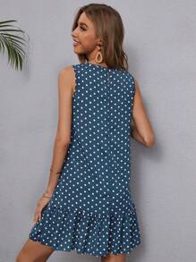 SHEIN LUNE Đầm Viên lá sen Chấm bi Dễ thương - Màu xanh lam - Xem 2