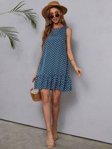 SHEIN LUNE Đầm Viên lá sen Chấm bi Dễ thương - Màu xanh lam - Xem 3