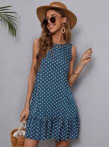 SHEIN LUNE Đầm Viên lá sen Chấm bi Dễ thương - Màu xanh lam - Xem 4