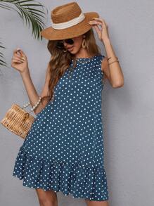 SHEIN LUNE Đầm Viên lá sen Chấm bi Dễ thương - Màu xanh lam - Xem 5