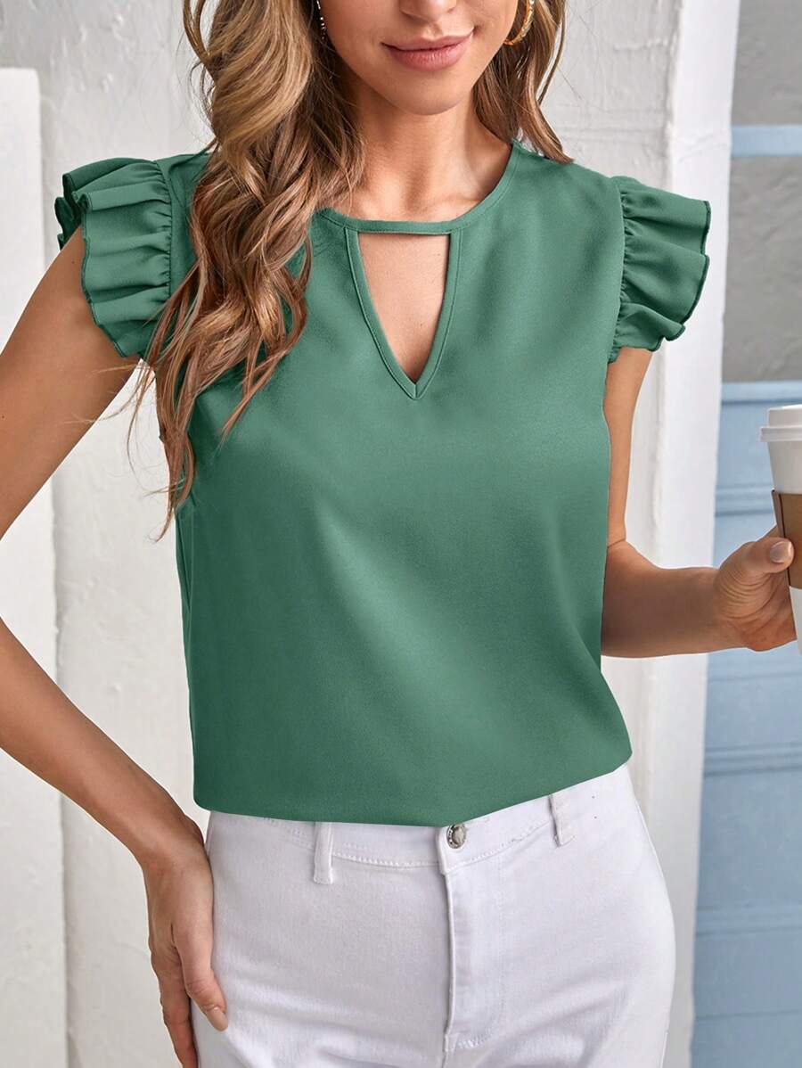 SHEIN Clasi Áo sơ mi nữ Xù Cắt ra màu trơn Giải trí - Màu xanh bụi bặm - Xem 1