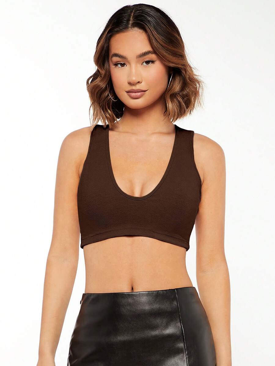 SHEIN BASICS Solid Crop Tank Top - Chocolate Brown - View 1