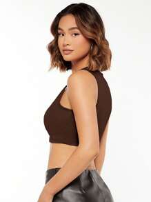 SHEIN BASICS Solid Crop Tank Top - Chocolate Brown - View 2