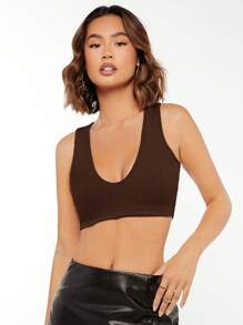 SHEIN BASICS Solid Crop Tank Top - Chocolate Brown - View 3
