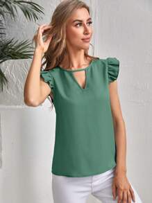 SHEIN Clasi Áo sơ mi nữ Xù Cắt ra màu trơn Giải trí - Màu xanh bụi bặm - Xem 5