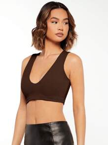SHEIN BASICS Solid Crop Tank Top - Chocolate Brown - View 4