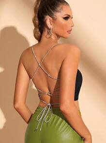 SHEIN BAE Rhinestone Strap Lace Up Backless Cami Top - Black - View 1