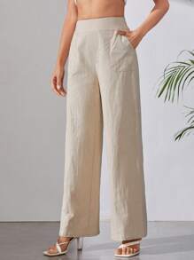 SHEIN Tall Slant Pocket Wide Leg Trousers - Beige - View 3