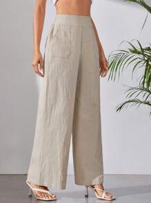 SHEIN Tall Slant Pocket Wide Leg Trousers - Beige - View 4