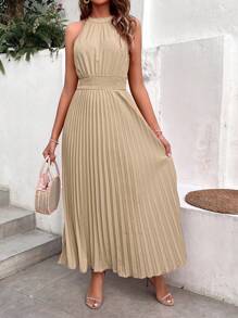 Chiquease Solid Pleated Hem Halter Dress - Apricot - View 3