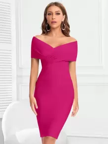 交疊領一字肩連衣裙 - 玫紅色 - 查看 1