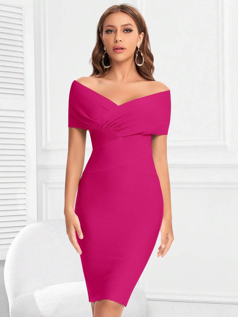 交疊領一字肩連衣裙 - 玫紅色 - 查看 1