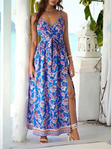 SHEIN VCAY Floral Print Split Thigh Belted Cami Dress - Multicolor - View 6