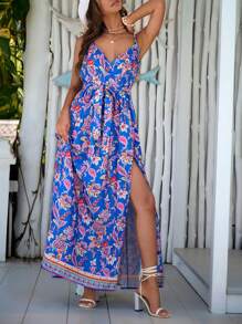 SHEIN VCAY Floral Print Split Thigh Belted Cami Dress - Multicolor - View 1