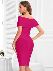 交疊領一字肩連衣裙 - 玫紅色 - 查看 2