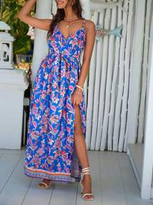 SHEIN VCAY Floral Print Split Thigh Belted Cami Dress - Multicolor - View 3