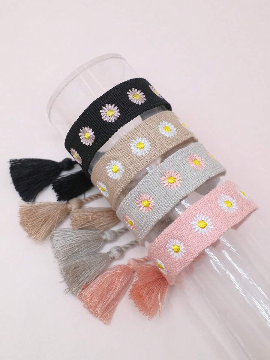 1入組刺繡菊花波西米亞風格編織流蘇手環 - 粉色 - 查看 1