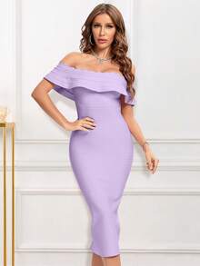 荷葉邊一字肩緊身連衣裙 - 紫丁香色 - 查看 2