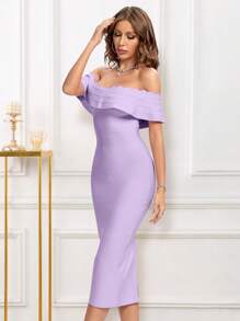 荷葉邊一字肩緊身連衣裙 - 紫丁香色 - 查看 1