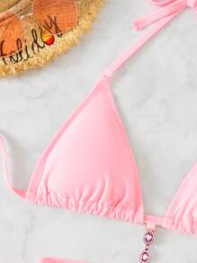 Mono Bikini Set Rhinestone Tie Back Triangle Bra Top & Tie Side Bikini Bottom 2 Pieces Bikini Summer Beach - Baby Pink - View 3