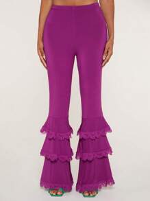 SHEINNeu Ruffle Trim Flare Leg Trousers - Purple - View 1