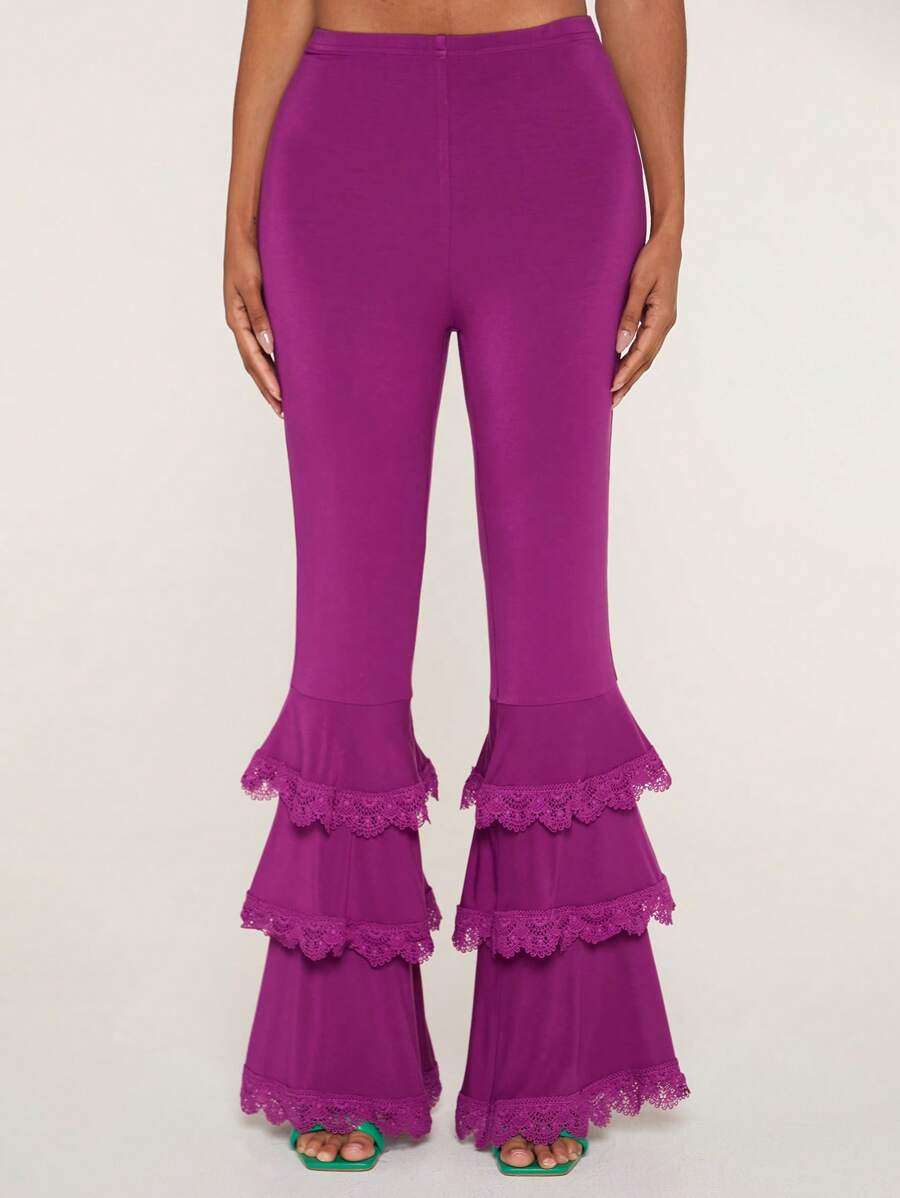 SHEINNeu Ruffle Trim Flare Leg Trousers - Purple - View 1