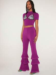 SHEINNeu Ruffle Trim Flare Leg Trousers - Purple - View 6