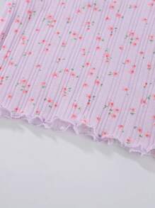 女嬰夏天短袖上衣和長款長褲套裝帶圖案設計,家庭風格 - 紫色 - 查看 3