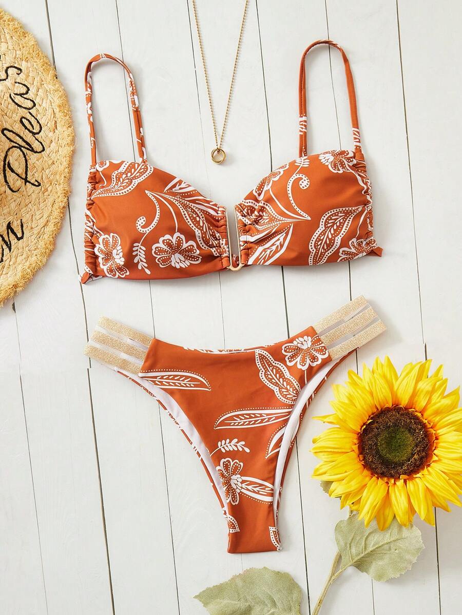 SHEIN Swim 夏季海灘植物印花剪裁比基尼套裝，泳裝