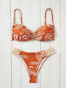 SHEIN Swim 夏季海灘植物印花剪裁比基尼套裝，泳裝