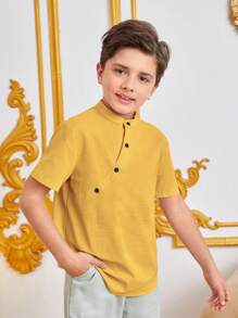 SHEIN Leap Crew Cậu bé Tween Ngắn tay Cá nhân hóa Áo sơ mi Với giá đỡ Vòng cổ Và Nghiêng Không nút - Màu vàng - Xem 3