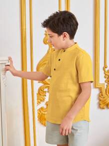 SHEIN Leap Crew Cậu bé Tween Ngắn tay Cá nhân hóa Áo sơ mi Với giá đỡ Vòng cổ Và Nghiêng Không nút - Màu vàng - Xem 6