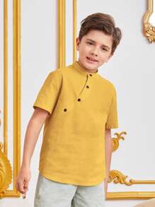 SHEIN Leap Crew Cậu bé Tween Ngắn tay Cá nhân hóa Áo sơ mi Với giá đỡ Vòng cổ Và Nghiêng Không nút - Màu vàng - Xem 7