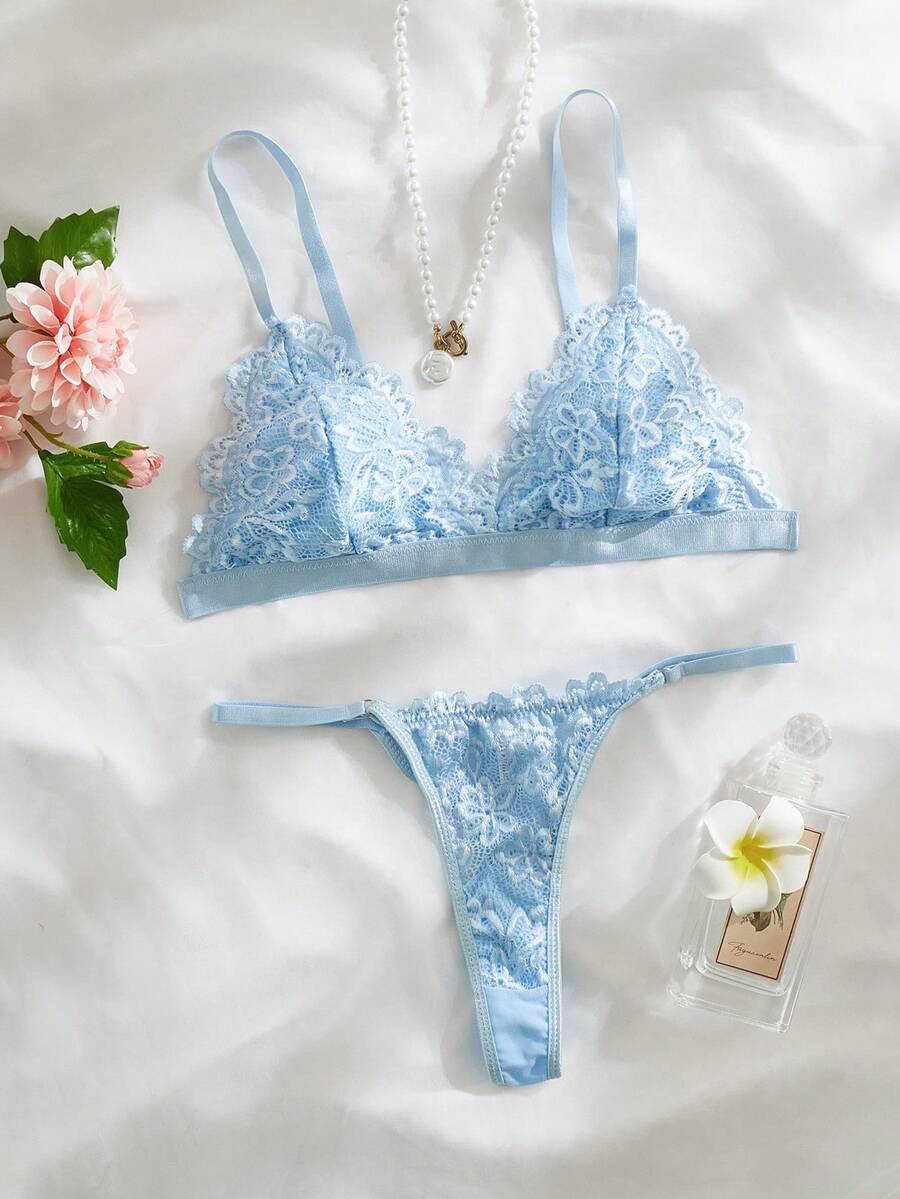 Bộ áo ngực & quần lót Nữ màu trơn Lãng mạn - Màu xanh nhạt - Xem 1