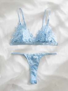 Bộ áo ngực & quần lót Nữ màu trơn Lãng mạn - Màu xanh nhạt - Xem 2