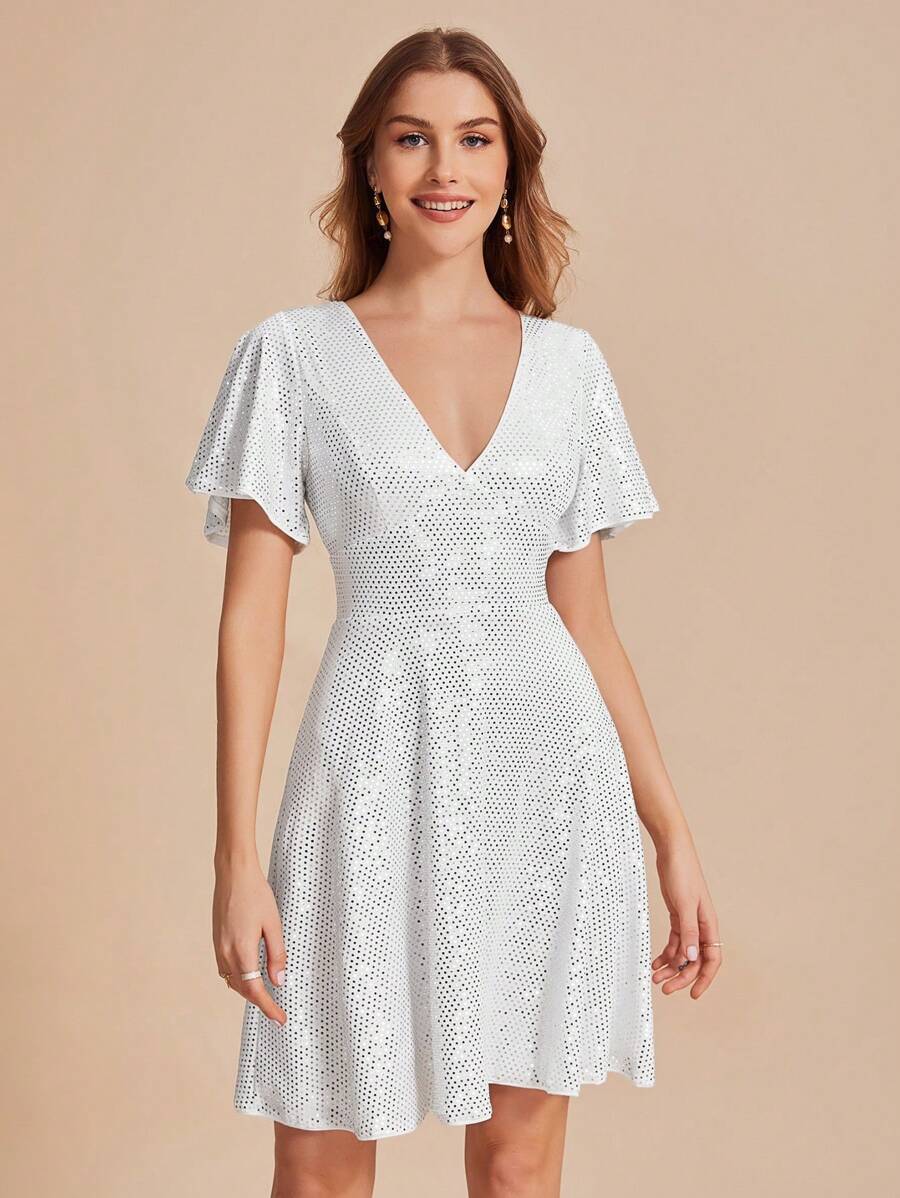 SHEIN Belle V-neck Butterfly Sleeve Sequin Dress - White - View 1