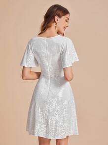 SHEIN Belle V-neck Butterfly Sleeve Sequin Dress - White - View 2