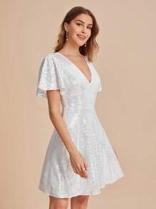 SHEIN Belle V-neck Butterfly Sleeve Sequin Dress - White - View 3