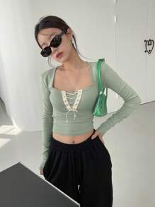 DAZY Áo thun crop top buộc dây phía trước, quần áo mùa thu tay dài cho nữ - Màu xanh Bạc hà - Xem 3