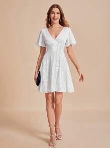 SHEIN Belle V-neck Butterfly Sleeve Sequin Dress - White - View 5