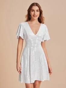 SHEIN Belle V-neck Butterfly Sleeve Sequin Dress - White - View 6