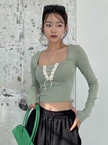 DAZY Áo thun crop top buộc dây phía trước, quần áo mùa thu tay dài cho nữ - Màu xanh Bạc hà - Xem 2