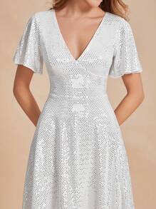 SHEIN Belle V-neck Butterfly Sleeve Sequin Dress - White - View 7
