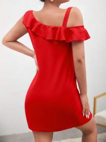 SHEIN Clasi 不對稱領荷葉邊連衣裙 - 紅色 - 查看 2