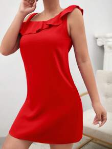 SHEIN Clasi 不對稱領荷葉邊連衣裙 - 紅色 - 查看 5